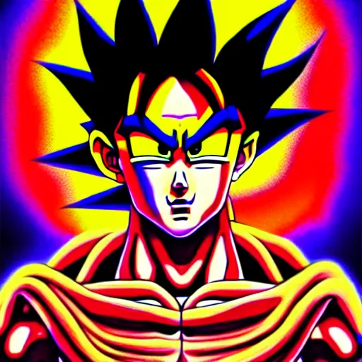 Image similar to An extremely psychedelic portrait of Goku, surreal, LSD, face, detailed, intricate, elegant, lithe, highly detailed, digital painting, artstation, concept art, smooth, sharp focus, illustration