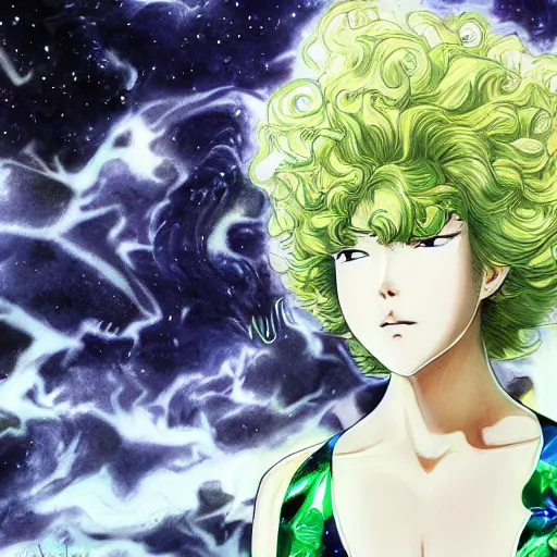 Image similar to portrait of Tatsumaki drawn by Yusuke Murata in the space with nebulae, realistic painting, high definition, digital art, matte painting, very detailed, realistic