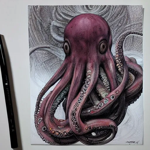 Prompt: Painting, Creative Design, Anthropomorphic octopus, Biopunk, Body horror, by Marco Mazzoni