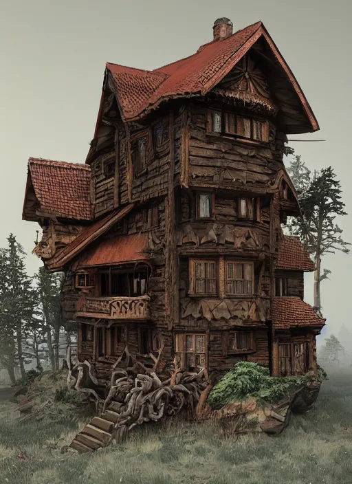 Image similar to a wood carved house on a mystic groove, art style by kim jung gi karl marx greg rutkowski, au naturel, hyper detailed, digital art, trending in artstation, cinematic lighting, studio quality, smooth render, unreal engine 5 rendered, octane rendered