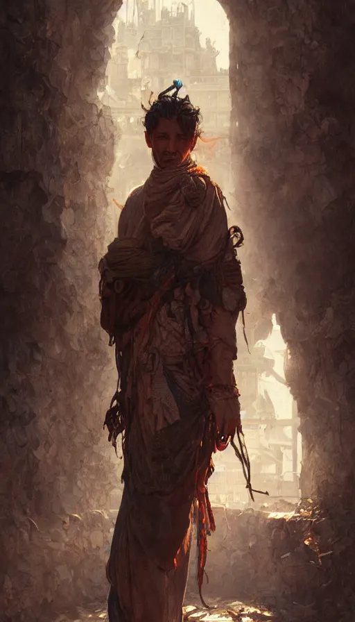 Image similar to beggar, sweaty, dirty, insane, intricate, highly detailed, digital painting, artstation, concept art, smooth, sharp focus, illustration, Unreal Engine 5, 8K, art by artgerm and greg rutkowski and alphonse mucha