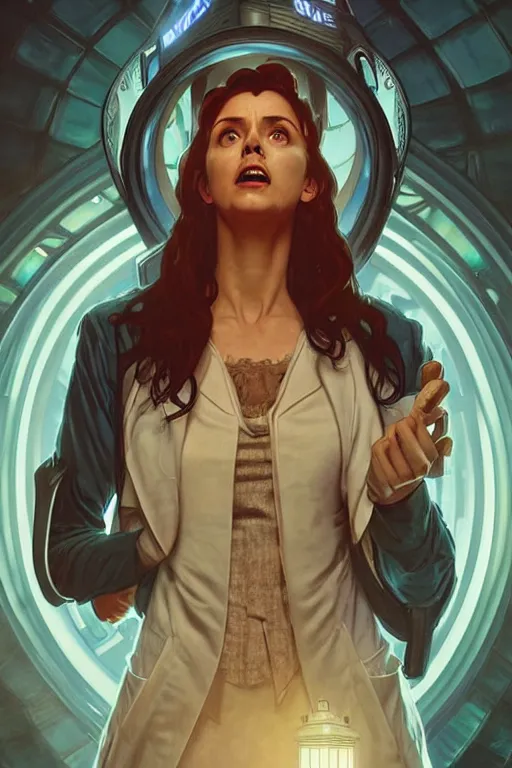 Image similar to doctor who, woman as a mad dentist in the tardis, art by artgerm and greg rutkowski and alphonse mucha