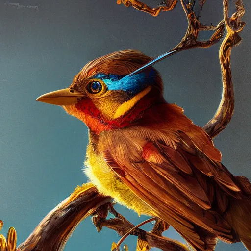 Prompt: close up of colorful bird, golden crown, dark, rusty, fantasy forest, highly detailed, realistic, artstation, concept art, smooth, sharp focus, illustration, art by artgerm and greg rutkowski and alphonse mucha