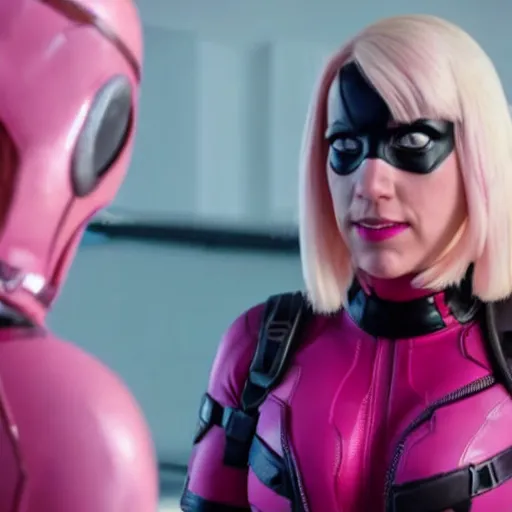 Image similar to A still of Gwenpool in Deadpool 3 (2023), no mask, blonde hair with pink highlights