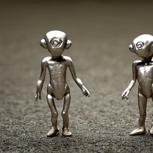 Prompt: two small alien humanoids walking around a landed silver ufo, realistic