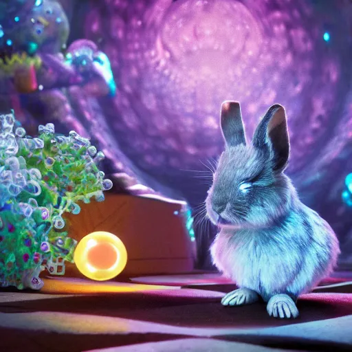 Image similar to fourth dimension, expressive eyes, floating, rbc, bunny, radiolaria, protophyta, micro - organisms, center frame, symmetric, rim light, marine microbiology, bioluminescence, electric, fur, soft, concept art, intricate details, highly detailed, colorful, photorealistic, disney pixar, octane render, iridescent, anime