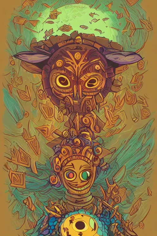 Image similar to knit majora's mask tribal feather gemstone plant wood rock shaman vodoo video game vector illustration vivid color borderlands by josan gonzales and dan mumford radiating a glowing aura