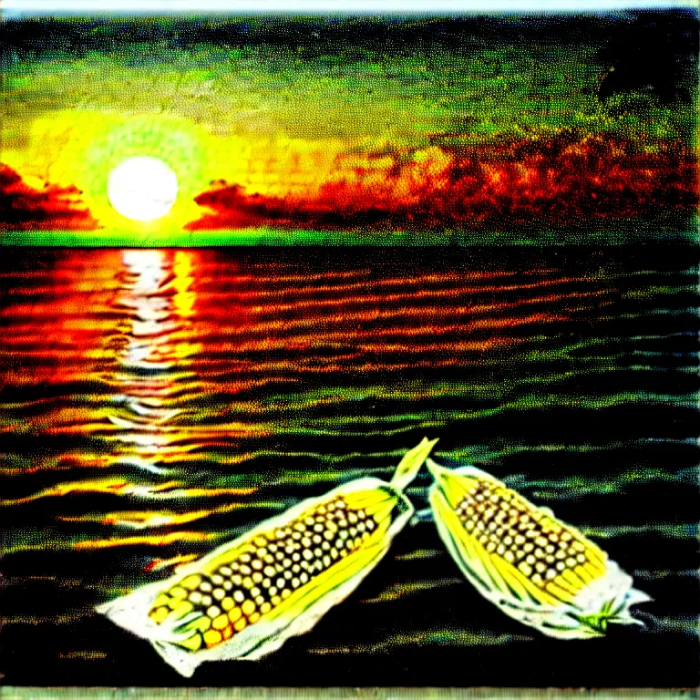 Image similar to corn floating in ocean, waves, sunrise, vintage country style, monochromatic, engraving, detailed