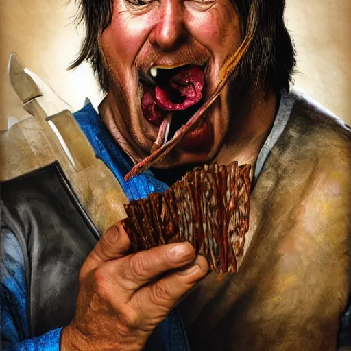 Image similar to Fantasy portrait of a big human fighter eating beef jerky who either looks really good for a 70 year old man or really bad for a 50 year old man