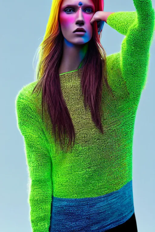 Image similar to stylish pullover for a rave bright colors, many details, photo for a magazine, photo for a store, fashion photography, Vogue, cinematic, hyper realism, high detail, 8k, very coherent symmetrical work, perfect face model, full length photo, Upper and lower body, white eyes, photographer style by Nik Night Erik Madigan Hec and Walter Chin and Camilla Akrans and Miles Aldridge