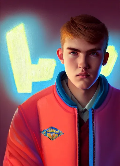 Image similar to portrait of high school senior boy named big moose, blonde short hair, jock, beefy, wide face, square jaw, square facial structure, blue varsity jacket with letter r, intricate, elegant, glowing lights, highly detailed, digital painting, artstation, concept art, sharp focus, illustration, art by wlop, mars ravelo and greg rutkowski