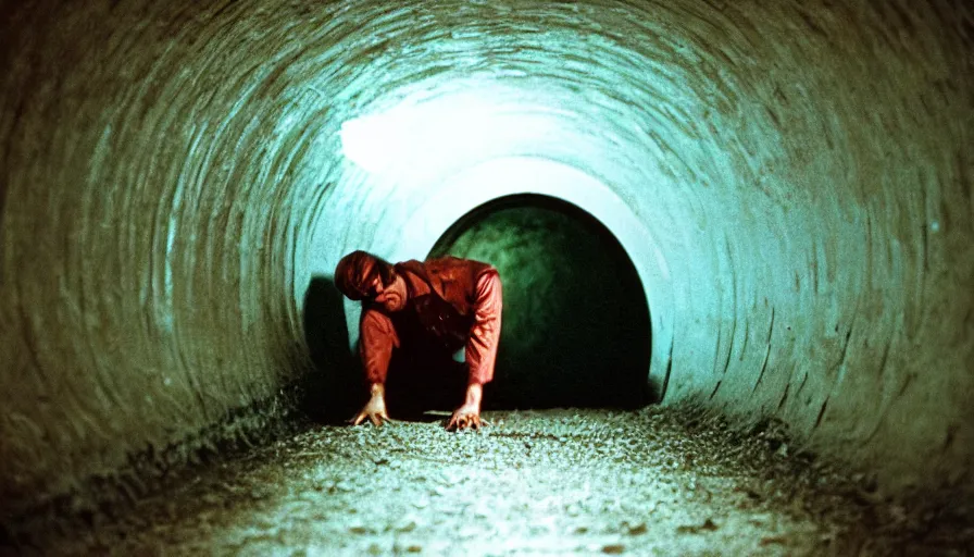 Prompt: 7 0 s movie still of a melting man in a sharp tunnel, cinestill 8 0 0 t 3 5 mm technicolor, heavy grain, high quality, high detail