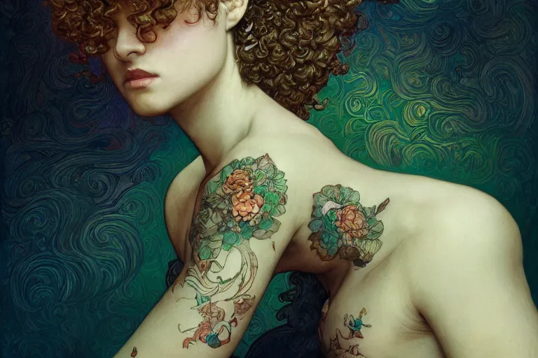 Prompt: a dramatic painting of 19 years old girl figure, curly messy high bun hairstyle, oriental tattoos, artstation, hyperdetailed, cinematic lighting, by James Jean, Moebius, Cory Loftis, Craig Mullins, Rutkowski, Mucha, Kim Jung-Gi, Klimt, highly detailed, few farm green highlights, oil on canvas