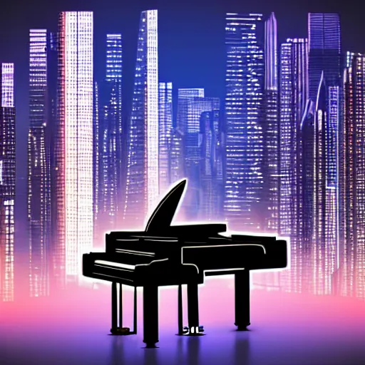 Prompt: cyberpunk world, a man playing piano in front of city skyscrapers