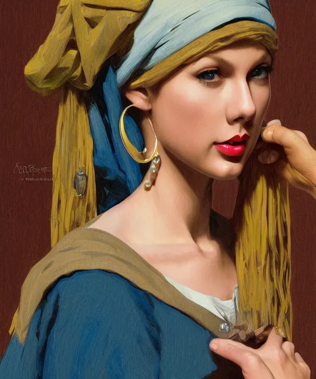 Image similar to Taylor Swift as the girl with the pearl earring, highly detailed, digital painting, artstation, concept art, smooth, sharp focus, illustration, ArtStation, art by artgerm and greg rutkowski and alphonse mucha and J. C. Leyendecker and Edmund Blair Leighton and Katsuhiro Otomo and Geof Darrow and Phil hale and Ashley wood and Ilya repin and Charlie Bowater