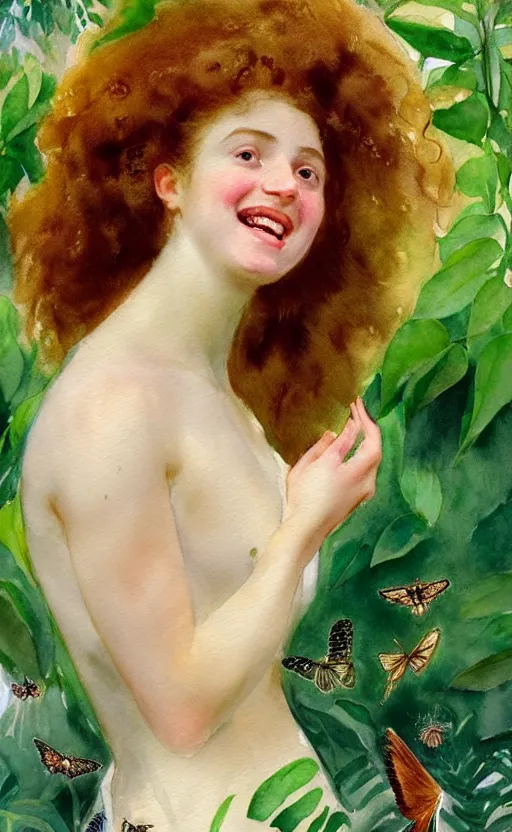 Image similar to the face of a young woman with marble complexion, angelic features, dancing curls around her face, her head raised in rapture, laughing, symmetrical eyes, watercolor by john singer sargent, background lush vegetation, insects and birds, 8 k uhd