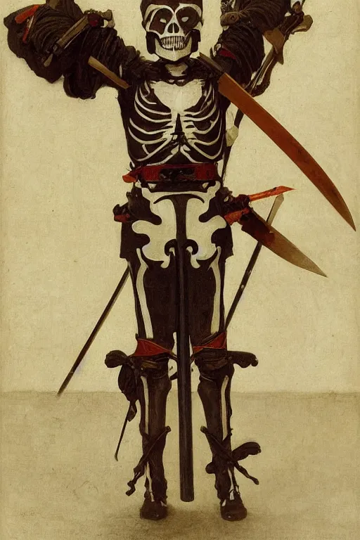 Image similar to portrait of a skeleton archer wearing samurai helmets and armor with wings, with big sword, symmetrical, solemn, sacred, aura, by bouguereau