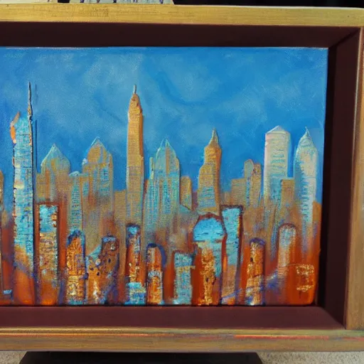 Image similar to oil on styrofoam crust - painting with melt of the city of atlanta skyline with symbolic filigree