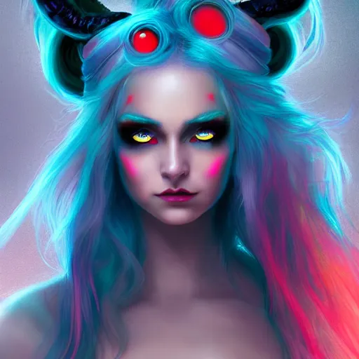 Image similar to perfectly - centered close - up face - portrait of a goddess with glowing red eyes and long blue hair and horns on her head, the perfect human female specimen, intricate, elegant, super highly detailed, professional digital painting, artstation, concept art, smooth, sharp focus, no blur, no dof, extreme illustration, unreal engine 5, 8 k, by anne stokes