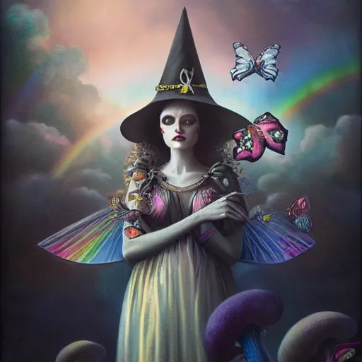 Prompt: Inspired by Tom Bagshaw, ultra realist soft paint of a curiosity carnival with mushrooms and butterflies, beautiful witch female in full long dress, focus, symmetry accurate features, very intricate details, ominous sky, rainbow lighting, volumetric clouds, god rays