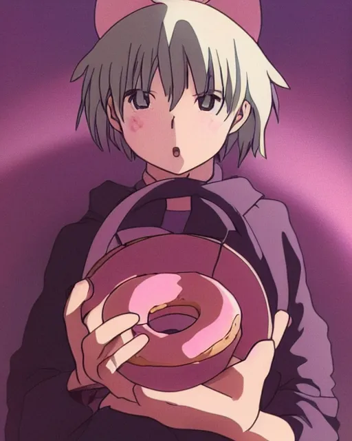 Image similar to a pig eating a pink frosted donut, full shot, visible face, ambient lighting, detailed, very modern anime style, art by hayao miyazaki, makoto shinkai