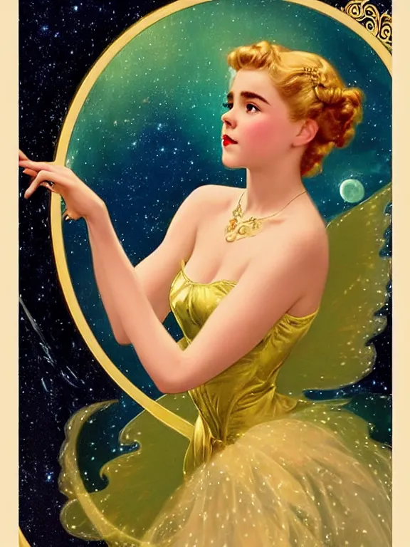 Image similar to kiernan shipka as tinkerbell, a beautiful art nouveau portrait by Gil elvgren, moonlit starry sky environment, centered composition, defined features, golden ratio, gold jewlery