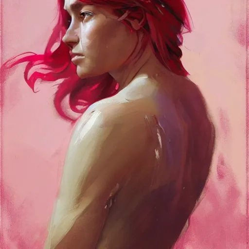 Image similar to greg manchess portrait painting of an female survivor in a bloody pink t shirt, goddess, wet flowing hair, bandage nose, shiny wet skin, medium shot, asymmetrical, profile picture, organic painting, matte painting, bold shapes, hard edges, street art, trending on artstation, by huang guangjian and gil elvgren and sachin teng