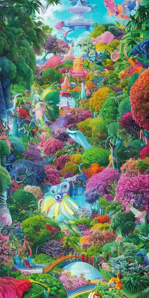 Prompt: bosch and beeple ( ( ( and lisa frank ) ) ) painting of a magnificent garden filled with remarkable sculptures, trees, and structures, incredible details