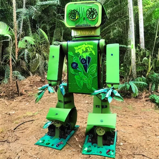 Prompt: robot made of plants in the jungle
