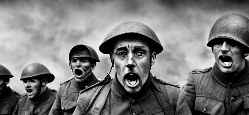 Image similar to horrified World War 1 soldiers, high contrast lighting, cinematic film still