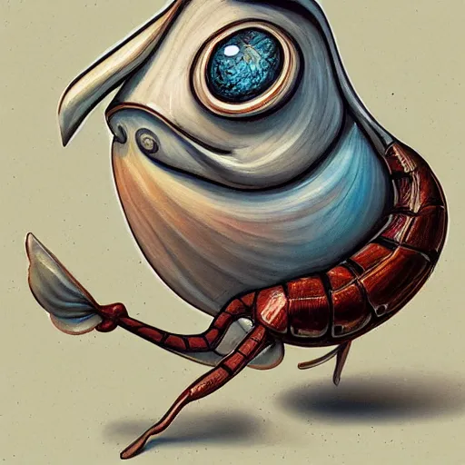 Image similar to a snailbird, a snailbird is a personified snail with a face mixed with a bird, has wings, has snail shell, uhd, painted by james jean