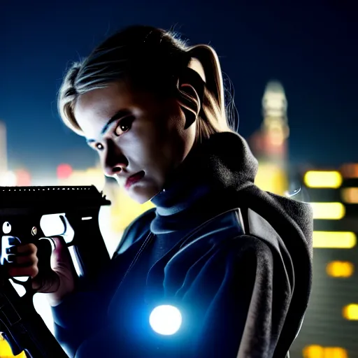 Image similar to photographic portrait of a techwear woman holding a shotgun, closeup, on the rooftop of a futuristic city at night, sigma 85mm f/1.4, 4k, depth of field, high resolution, full color, Die Hard, movies with guns, movie firearms