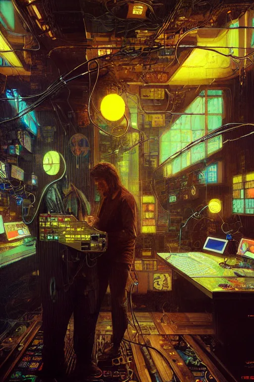 Image similar to hyperrealist portrait of pac man, it is decorated with long wires and computer monitors on their body in the cyberpunk office background. by jeremy mann and alphonse mucha, fantasy art, photo realistic, dynamic lighting, artstation, poster, volumetric lighting, very detailed faces, 8 k, award winning