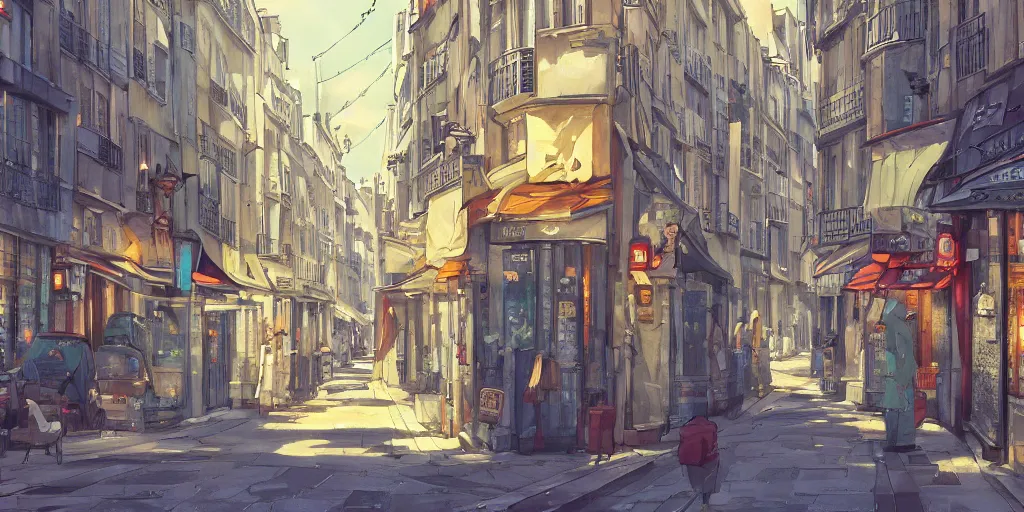 Image similar to a parisian street, a street in paris, ultra high quality, 4 k, by miyazaki and makoto shinkai, anime screenshot, colorful, artstation, pixiv,