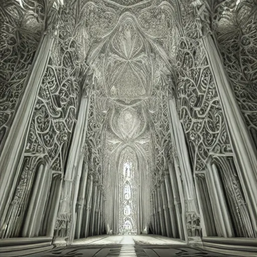 Prompt: a 3 d painting of a massive sprawling fractal cathedral exterior populated by mandelbrot fractals, unreal engine, carved soap, white, volumetric lighting, hyperrealistic, octane render, glowing, carved marble, opalescent, carved wood, depth of field, sacred geometry, religious, angelic, catholicpunk, photorealism, 8 k, ultra detailed