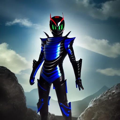 Image similar to High Fantasy Kamen Rider standing in a rock quarry, single character full body, 4k, glowing eyes, daytime, rubber suit, dark blue armor, segmented armor, centered