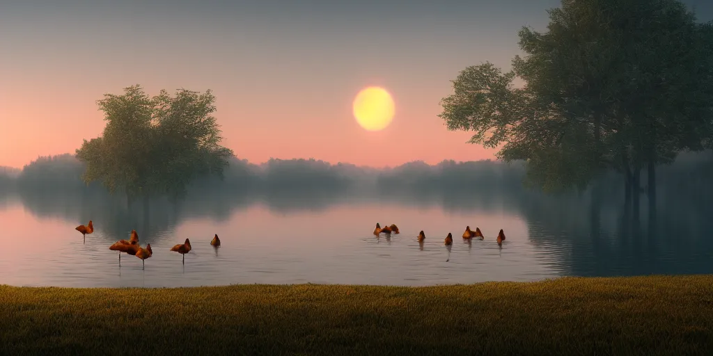 Prompt: geese swimming in a calm lake at sunrise matte painting, foggy, 4 k, trending on artstation