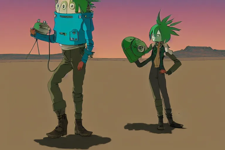 Image similar to a study of a cell shaded cartoon of a mechanized punk with green hair from howl's moving castle ( 2 0 0 4 ), on a desert road, full body, wide shot, very muted colors, post grunge, studio ghibli, laurie greasley, highly detailed, deviantart, art by artgem