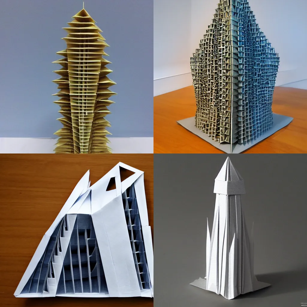 Prompt: Complex origami of a skyscraper detailed