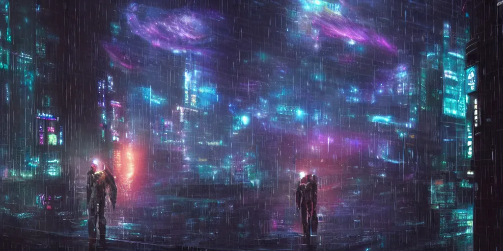 Prompt: one cyber godly person made of cosmic nebula galaxy energy watching a rainy colorful complex cyberpunk futuristic city from behind at night through a window in a room, reflections, 8 k, photorealistic, concept art, wet, highly detailed, cinematic mood by ridley scott, trending on artstation, glowing and epic