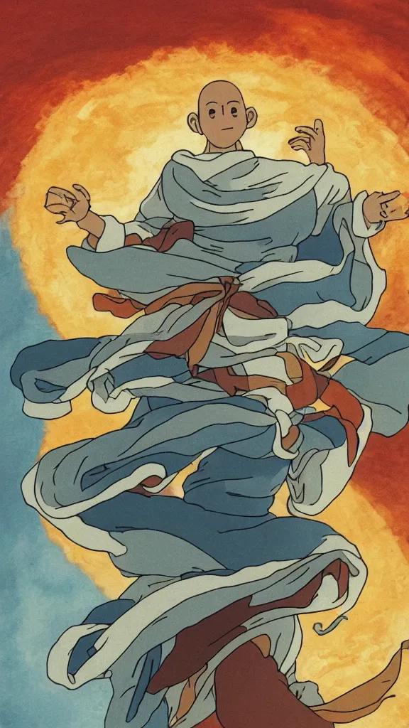 Prompt: illustration of a peaceful monk in the centre of a swirling atom defending against evil, studio ghibli, ultra hd