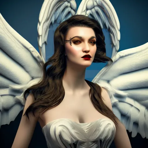 Image similar to fantasy angel with wings inspired avant - garde art, deco fashion, highly detailed, photorealistic portrait, bright studio setting, studio lighting, crisp quality and light reflections, unreal engine 5 quality render