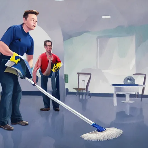 Image similar to a janitor using elon musk as a broom to clean the floor of a dirty empty planet, digital art, trending, award - winning, cinema