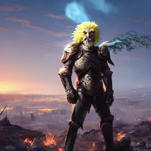 Image similar to Lionman with white hair and glowing yellow eyes wearing leather armor, walking towards the camera, burning city in background, charred landscape, Ray Tracing Global Illumination, wielding a longsword, detailed fantasy art, Dim Lighting