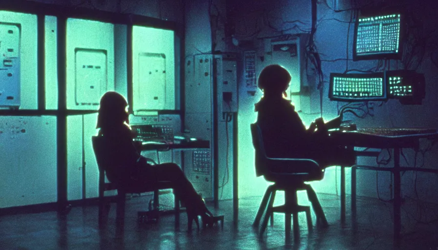 Prompt: 1 9 8 0 movie still, beautiful female neuromancer, sitting on a chair, brain connected to computer, wires, computers, circuits, cinestill 8 0 0 t 3 5 mm, high quality, heavy grain, neon, cyberpunk, shadowrun, dirty, high detail, panoramic, cinematic composition, dramatic light, ultra wide lens, anamorphic