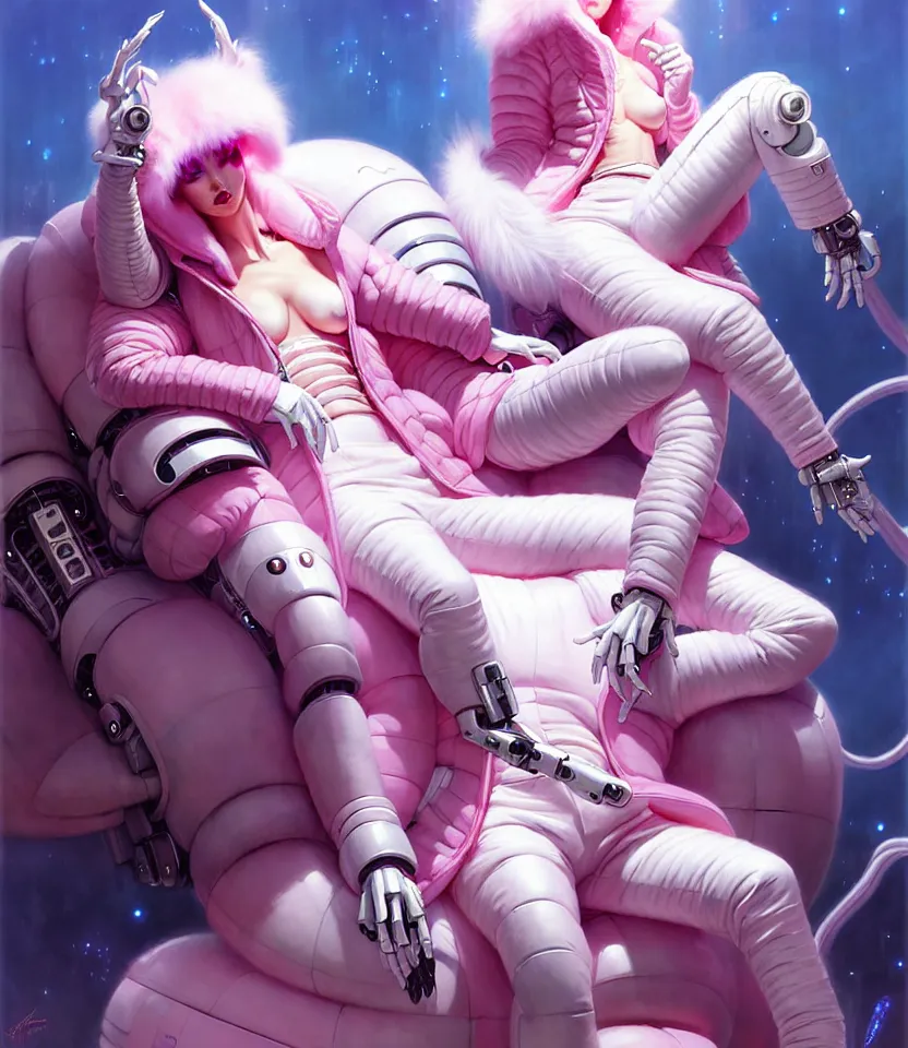 Image similar to beautiful fantasy character portrait, wearing pink puffy bomber jacket with white fur, seductive reclining pose, futuristic robots sitting, ultra realistic, dramatic lighting, robots, the fifth element artifacts, highly detailed by peter mohrbacher, hajime sorayama, wayne barlowe, boris vallejo, aaron horkey, gaston bussiere, craig mullins