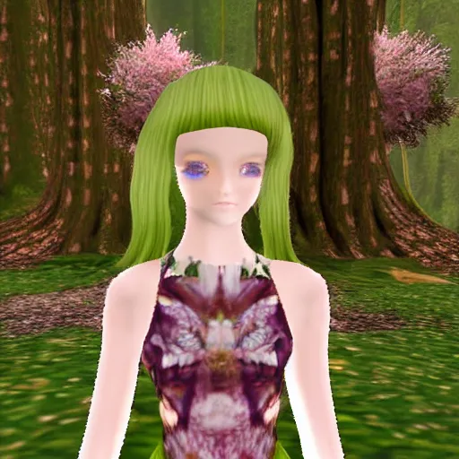 Prompt: cute female forest spirit wearing floral cybernetic valentino resort sheer dress in a 3 d psx ps 2 jrpg style, overgrown esoteric cyber cathedral sanctuary, fashion gameplay screenshot, highly detailed, morning pink gold light