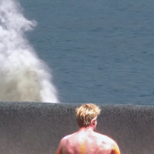 Prompt: Blond surfer Chad Iron jaw blowing up an industrial power plant