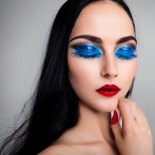 Image similar to raven haired seductive woman with stunning ocean blue eyes, black eyeshadow, long black eyelashes with a beautiful face, sharp thin nose, fair skin, soft skin, bare shoulders, luscious red lips