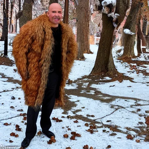 Prompt: Brad Pit wearing a fur coat made from many squirrels